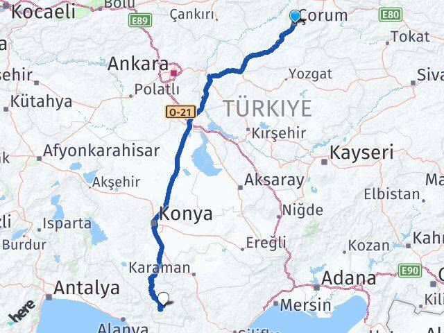 Çorum Başyayla Karaman Arası Kaç Km - Yol Haritası