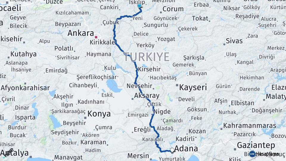 Çorum Bayat Adana Arası Kaç Km - Yol Haritası