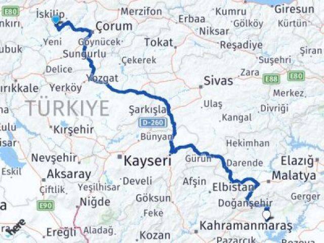 Çorum Bayat Adıyaman Arası Kaç Km - Yol Haritası