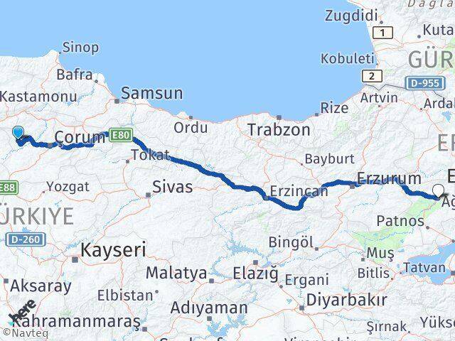 Çorum Bayat Ağrı Arası Kaç Km - Yol Haritası