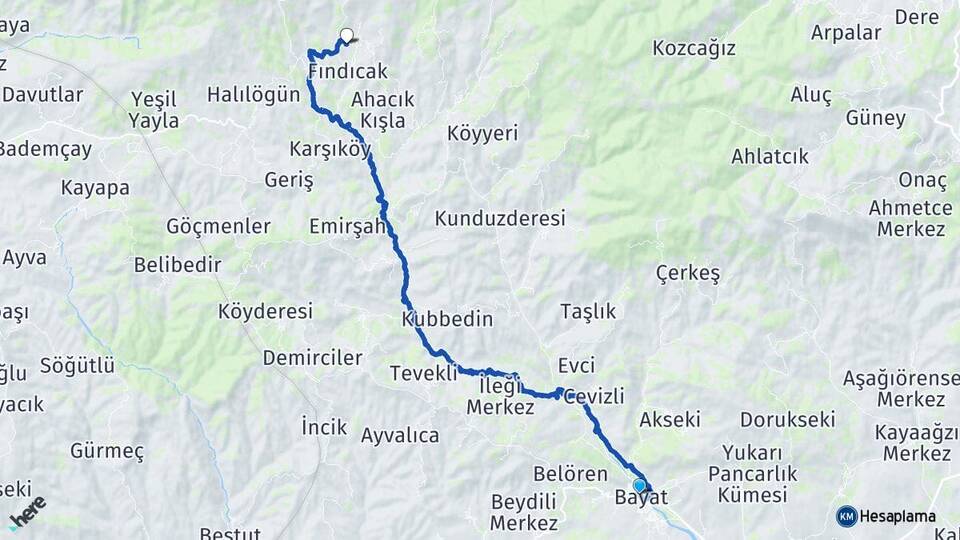Çorum Bayat Ahacık Bayat Arası Kaç Km - Yol Haritası