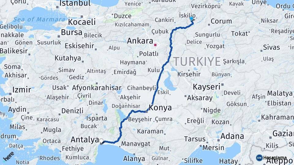 Çorum Bayat Antalya Arası Kaç Km - Yol Haritası