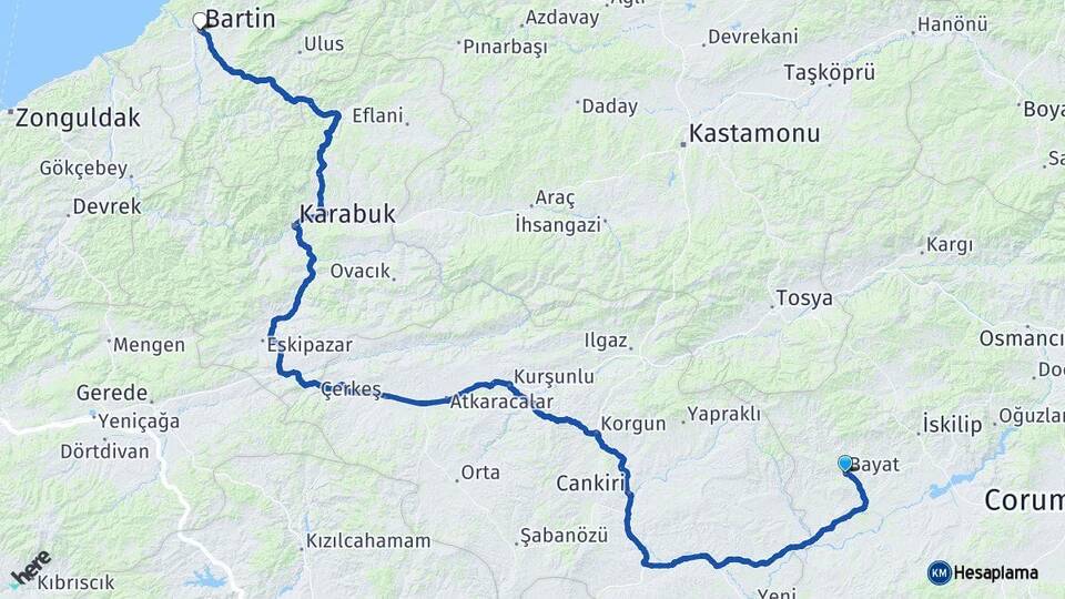 Çorum Bayat Bartın Arası Kaç Km - Yol Haritası