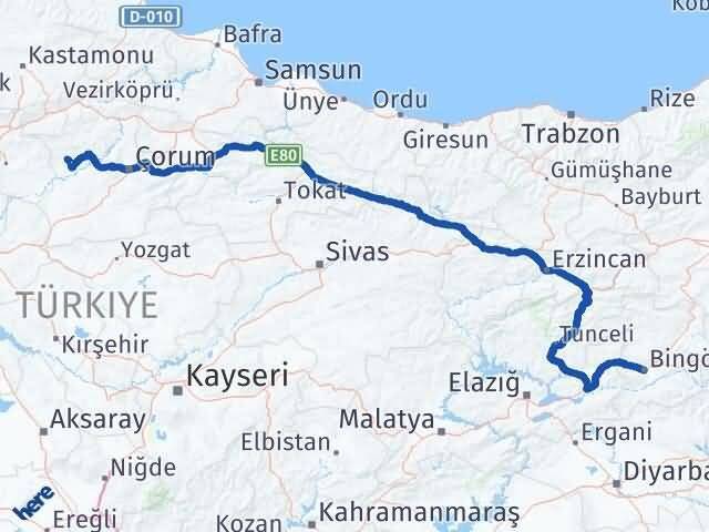 Çorum Bayat Bingöl Arası Kaç Km - Yol Haritası