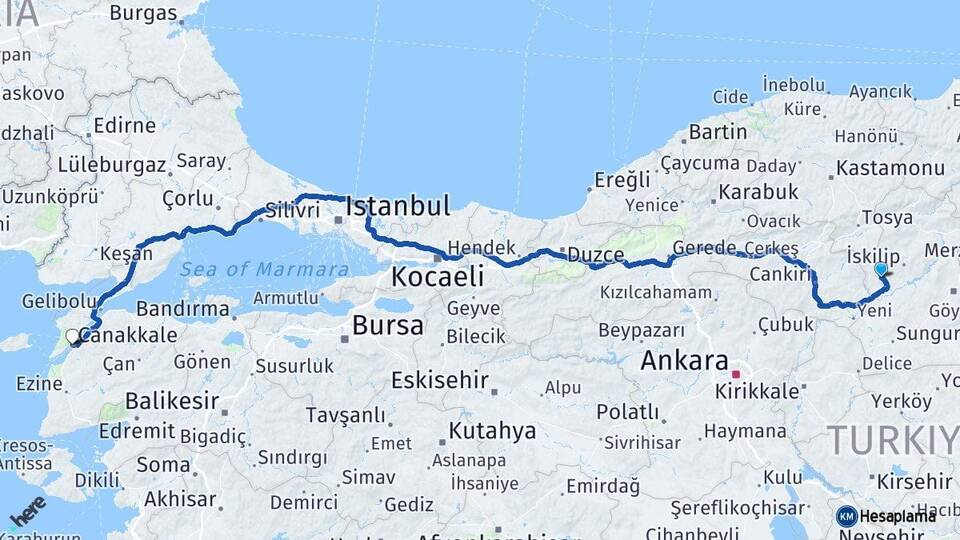 Çorum Bayat Çanakkale Arası Kaç Km - Yol Haritası