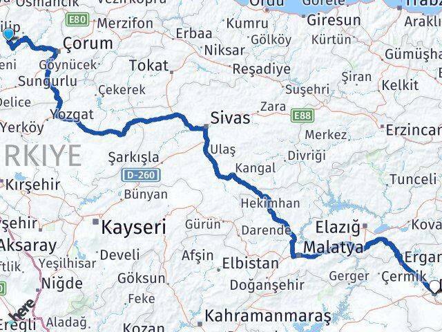 Çorum Bayat Diyarbakır Arası Kaç Km - Yol Haritası