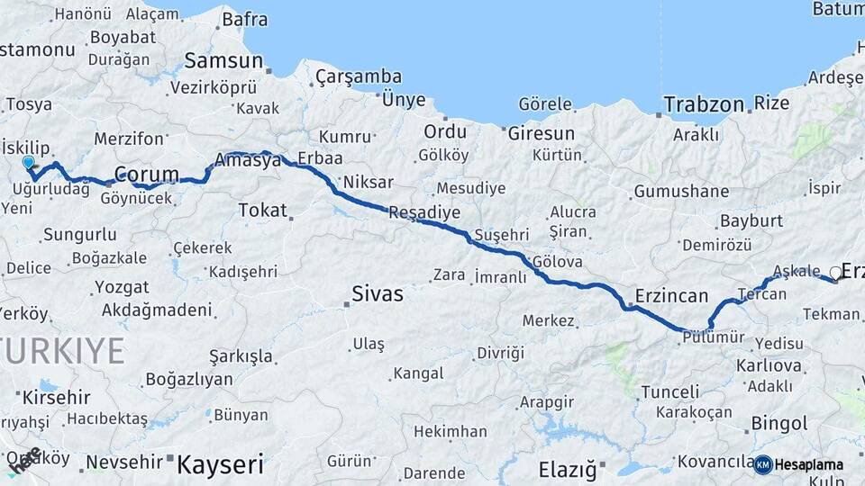 Çorum Bayat Erzurum Arası Kaç Km - Yol Haritası