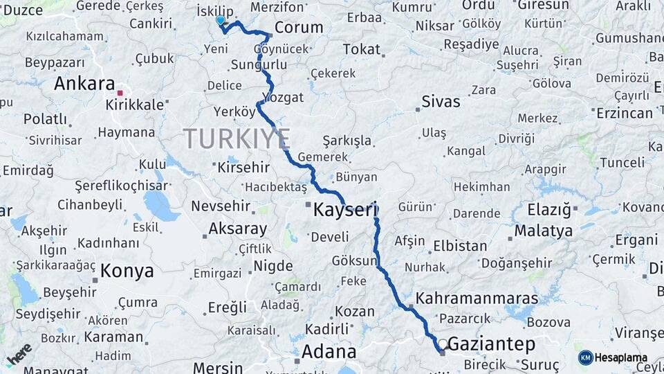 Çorum Bayat Gaziantep Arası Kaç Km - Yol Haritası