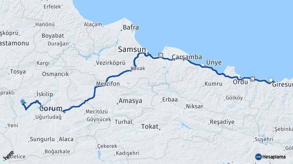 Çorum Bayat Giresun Arası Kaç Km - Yol Haritası