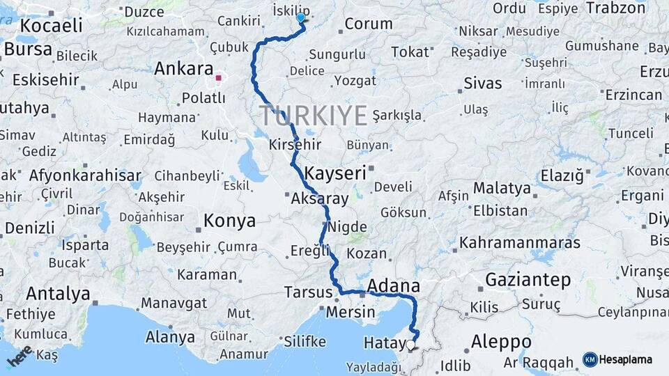 Çorum Bayat Hatay Arası Kaç Km - Yol Haritası
