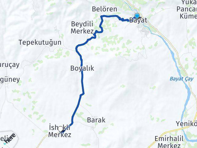 Çorum Bayat İshaklı Bayat Arası Kaç Km - Yol Haritası