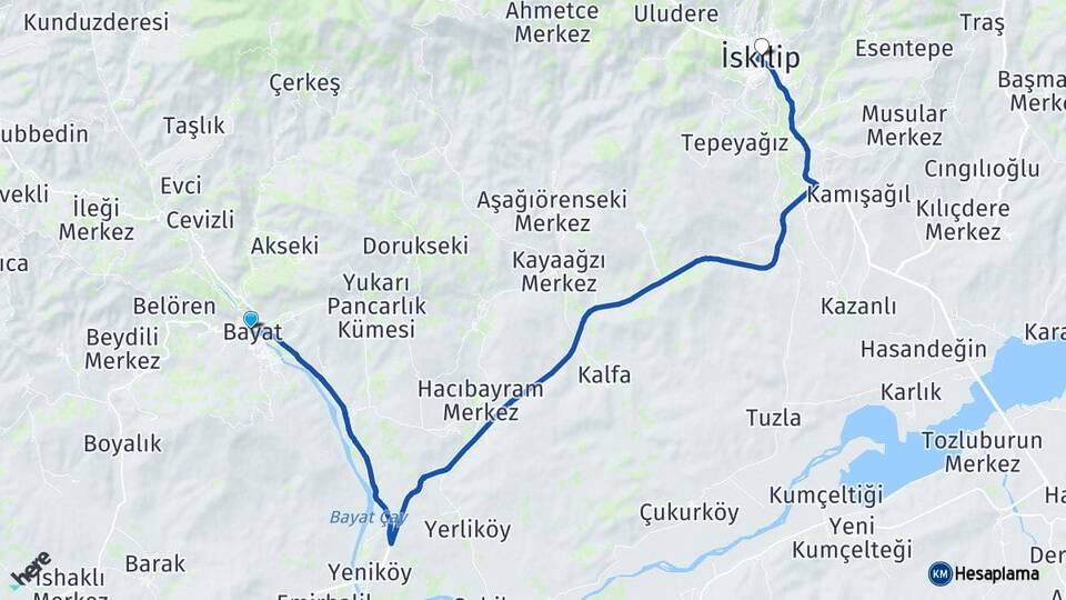Çorum Bayat İskilip Arası Kaç Km - Yol Haritası