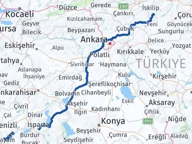 Çorum Bayat Isparta Arası Kaç Km - Yol Haritası