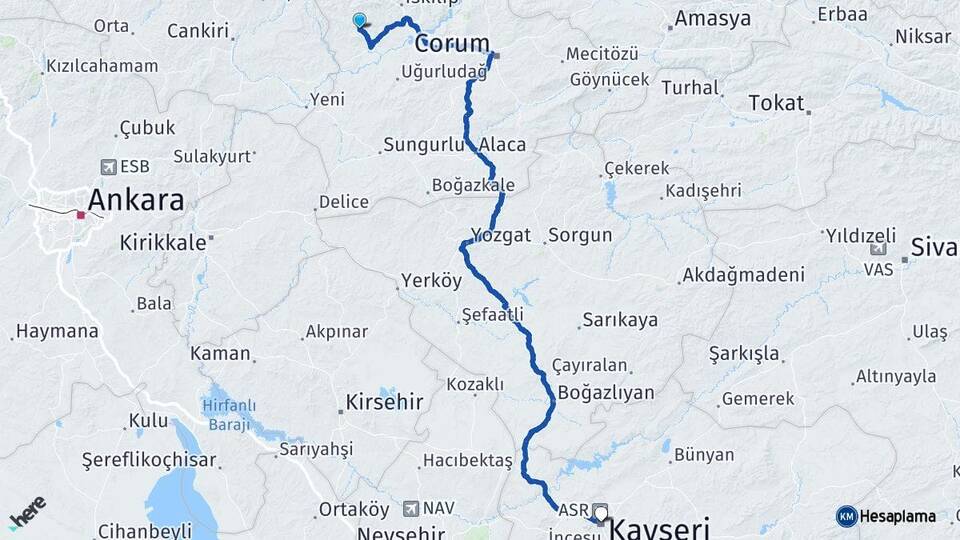 Çorum Bayat Kayseri Arası Kaç Km - Yol Haritası