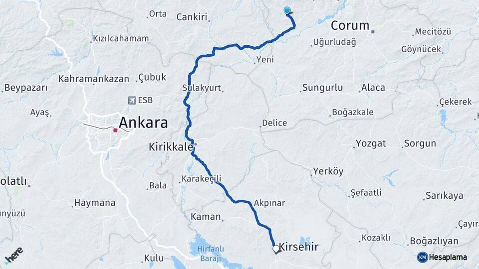 Çorum Bayat Kırşehir Arası Kaç Km - Yol Haritası