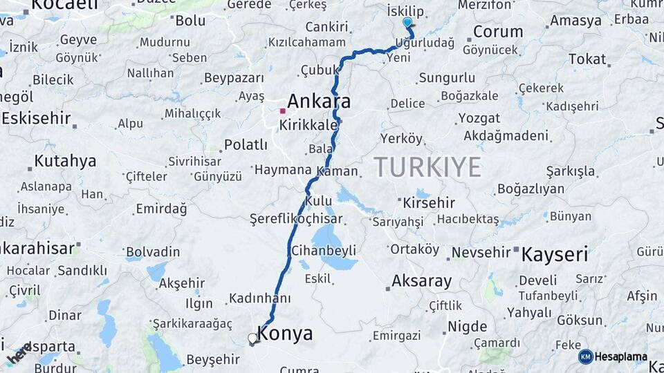 Çorum Bayat Konya Arası Kaç Km - Yol Haritası