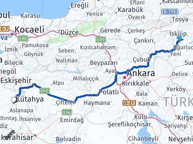 Çorum Bayat Kütahya Arası Kaç Km - Yol Haritası
