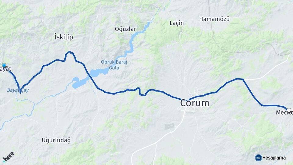 Çorum Bayat Mecitözü Arası Kaç Km - Yol Haritası