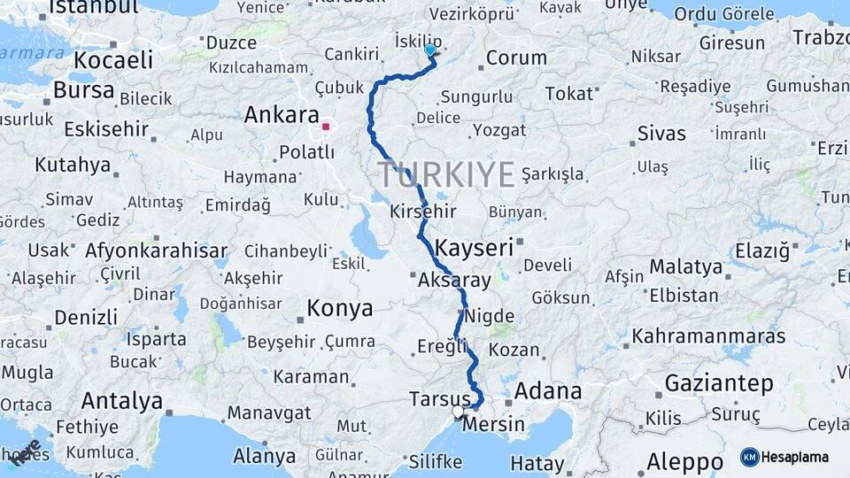 Çorum Bayat Mersin Arası Kaç Km - Yol Haritası