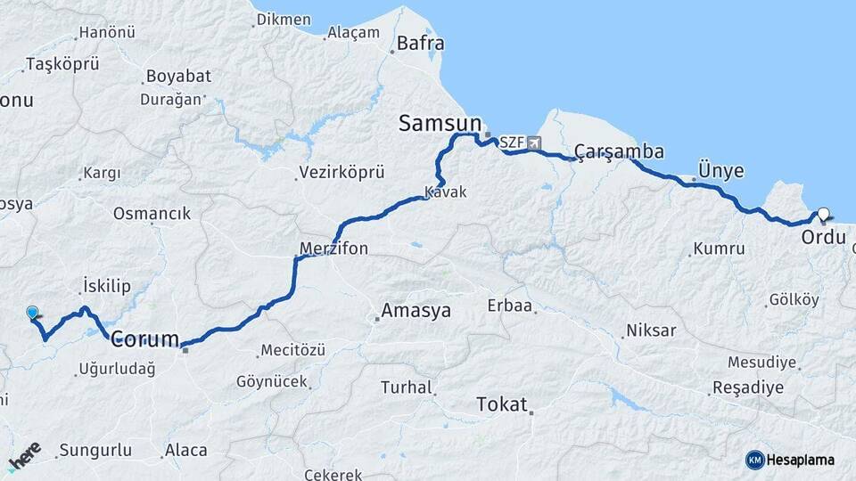 Çorum Bayat Ordu Arası Kaç Km - Yol Haritası