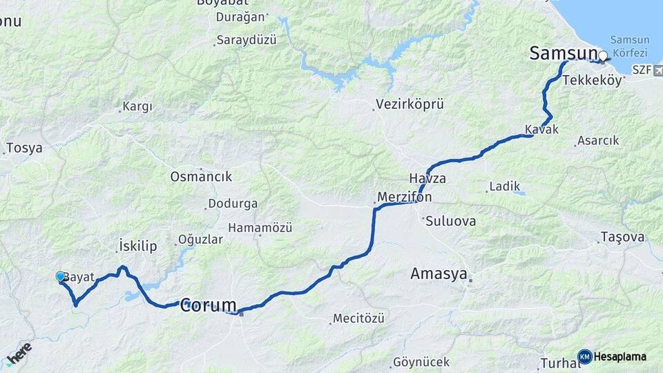 Çorum Bayat Samsun Arası Kaç Km - Yol Haritası