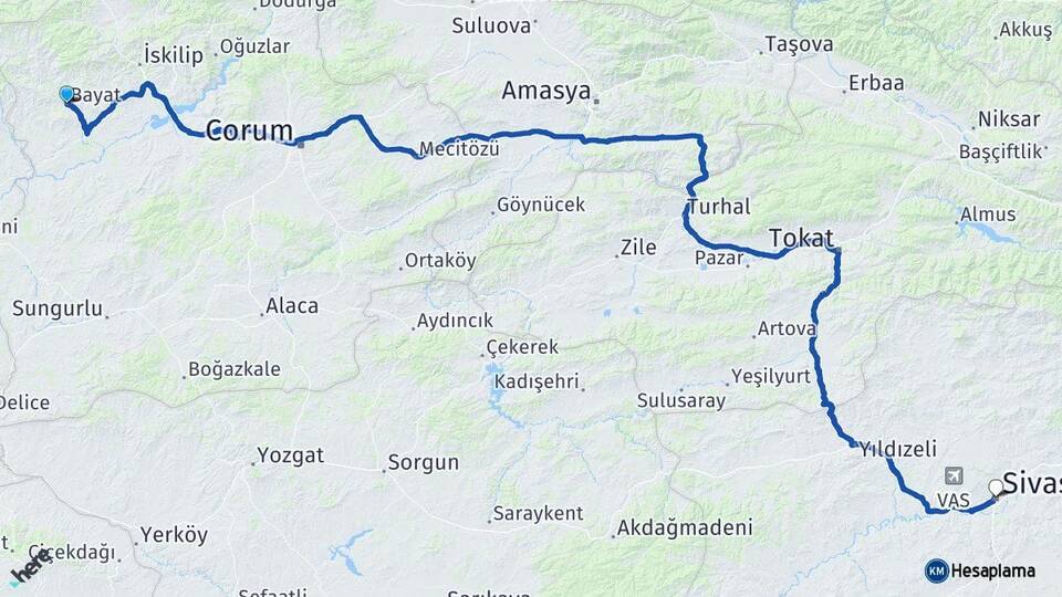 Çorum Bayat Sivas Arası Kaç Km - Yol Haritası