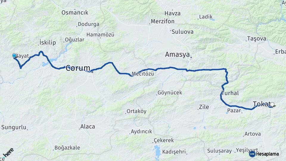 Çorum Bayat Tokat Arası Kaç Km - Yol Haritası