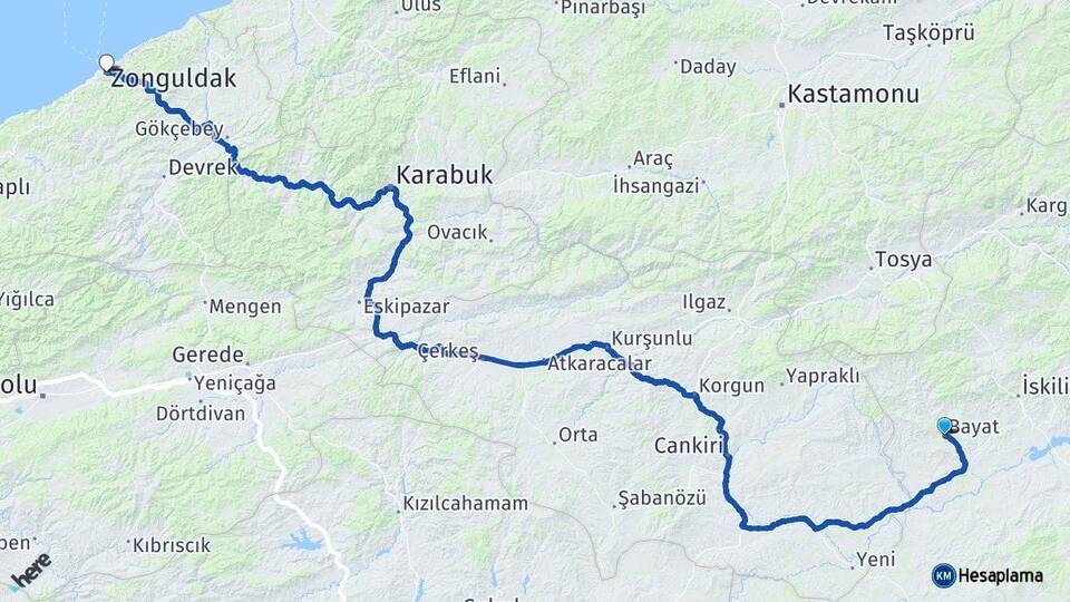 Çorum Bayat Zonguldak Arası Kaç Km - Yol Haritası
