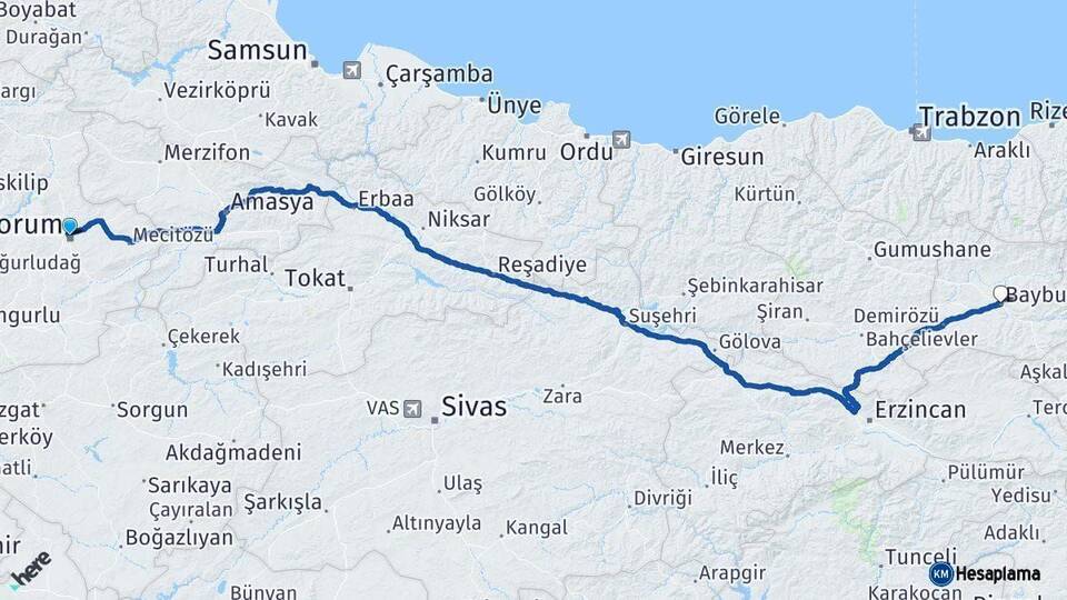 Çorum Bayburt Arası Kaç Km - Yol Haritası