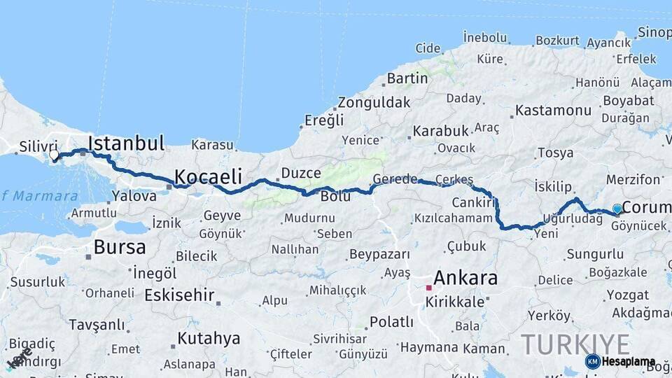 Çorum Beylikdüzü İstanbul Arası Kaç Km - Yol Haritası
