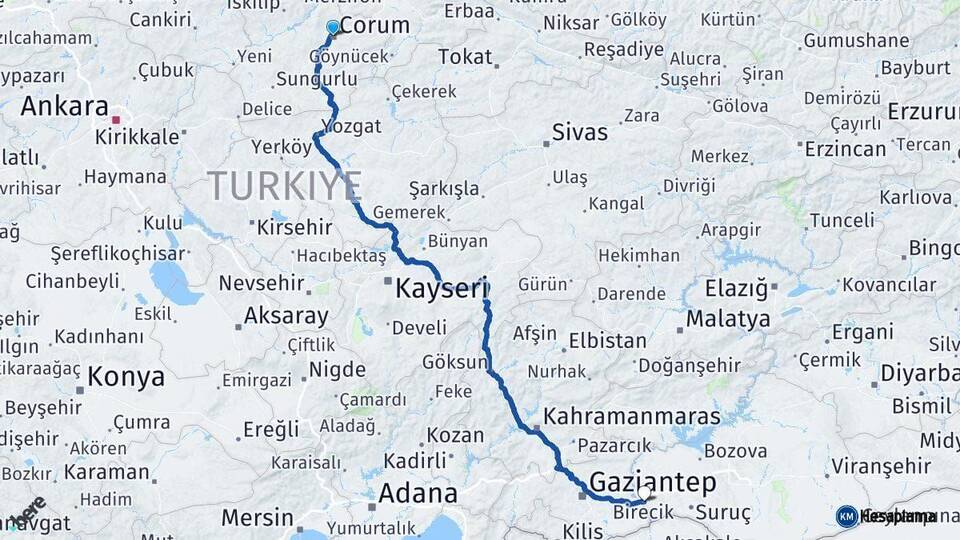 Çorum Birecik Şanlıurfa Arası Kaç Km - Yol Haritası