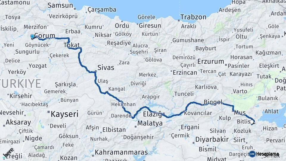 Çorum Bitlis Arası Kaç Km - Yol Haritası