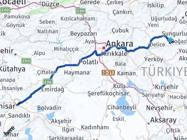 Çorum Boğazkale Afyonkarahisar Arası Kaç Km - Yol Haritası