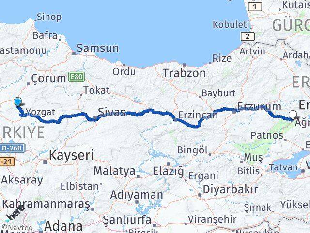 Çorum Boğazkale Ağrı Arası Kaç Km - Yol Haritası