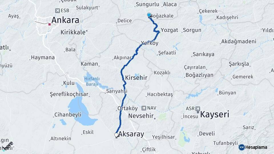 Çorum Boğazkale Aksaray Arası Kaç Km - Yol Haritası