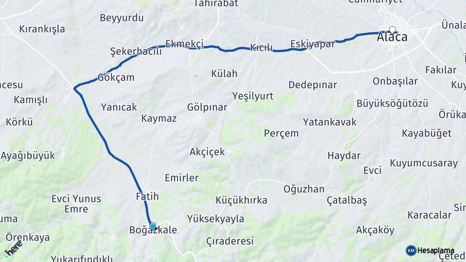Çorum Boğazkale Alaca Arası Kaç Km - Yol Haritası