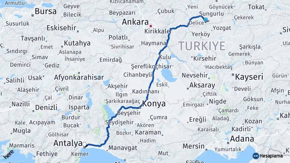 Çorum Boğazkale Antalya Arası Kaç Km - Yol Haritası