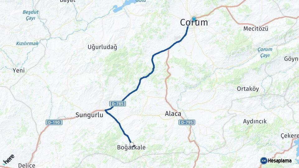 Çorum Boğazkale Arası Kaç Km - Yol Haritası
