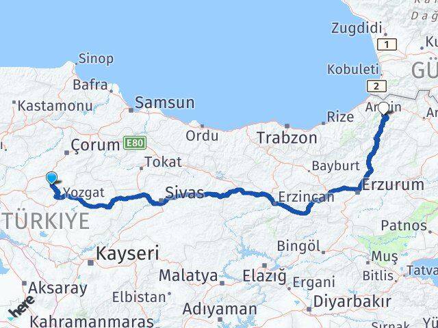 Çorum Boğazkale Artvin Arası Kaç Km - Yol Haritası