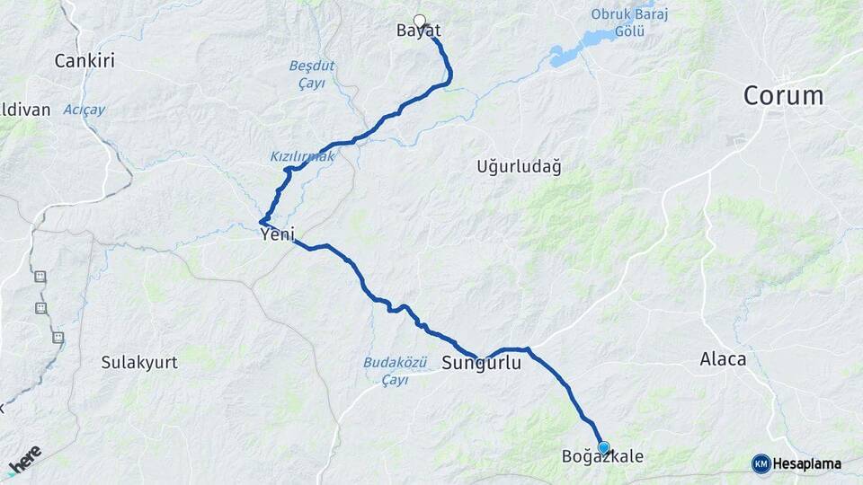 Çorum Boğazkale Bayat Arası Kaç Km - Yol Haritası