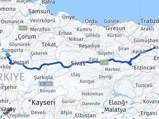 Çorum Boğazkale Bayburt Arası Kaç Km - Yol Haritası