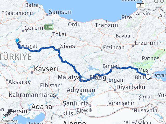 Çorum Boğazkale Bitlis Arası Kaç Km - Yol Haritası