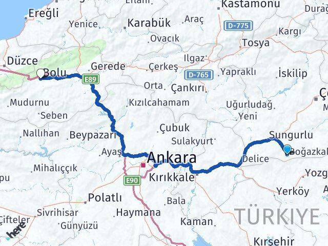 Çorum Boğazkale Bolu Arası Kaç Km - Yol Haritası
