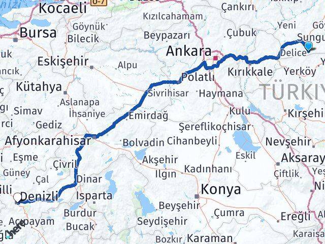 Çorum Boğazkale Denizli Arası Kaç Km - Yol Haritası