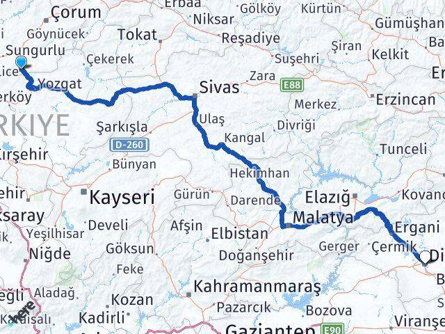 Çorum Boğazkale Diyarbakır Arası Kaç Km - Yol Haritası