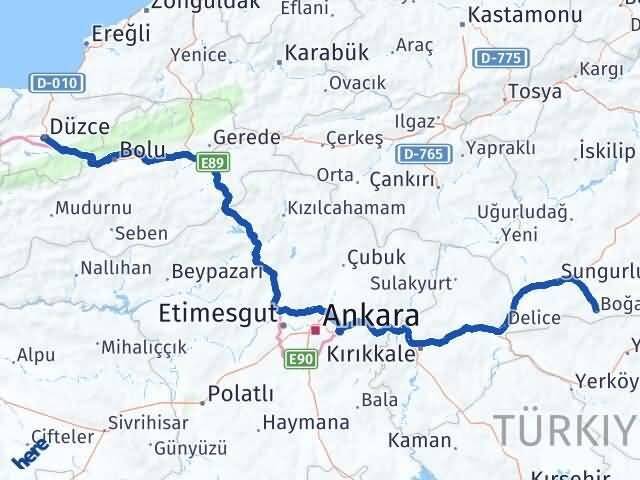 Çorum Boğazkale Düzce Arası Kaç Km - Yol Haritası