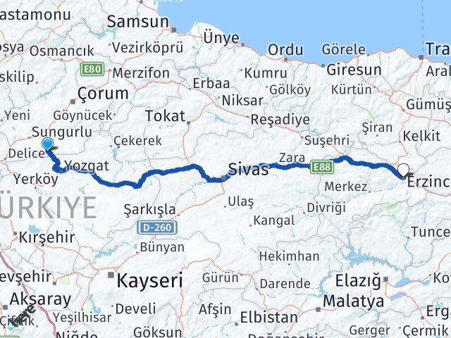 Çorum Boğazkale Erzincan Arası Kaç Km - Yol Haritası