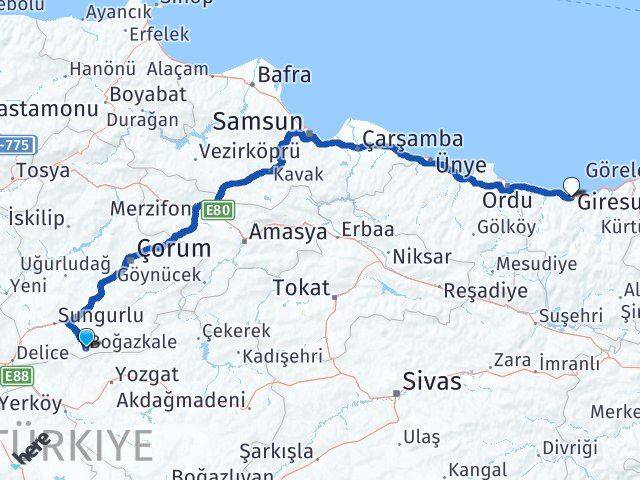 Çorum Boğazkale Giresun Arası Kaç Km - Yol Haritası