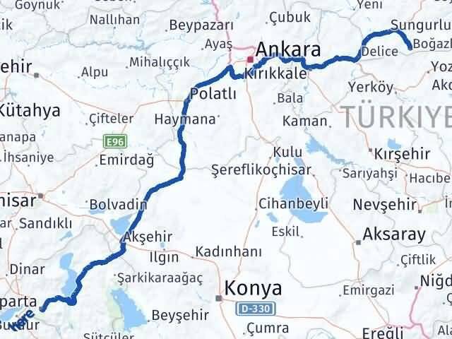 Çorum Boğazkale Isparta Arası Kaç Km - Yol Haritası