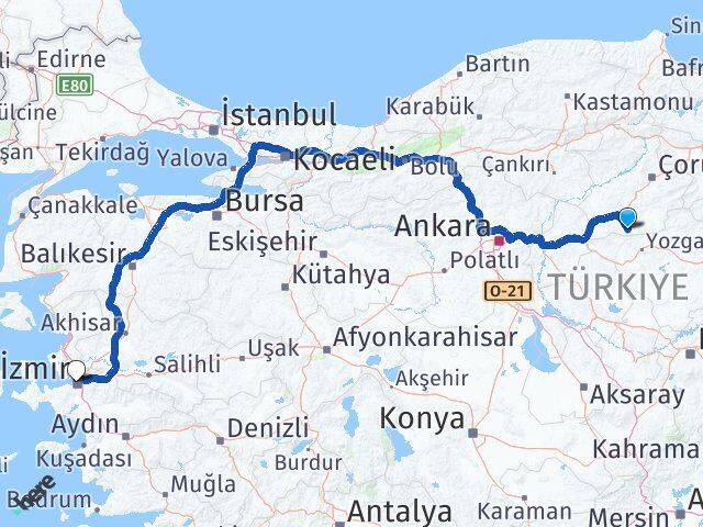Çorum Boğazkale İzmir Arası Kaç Km - Yol Haritası